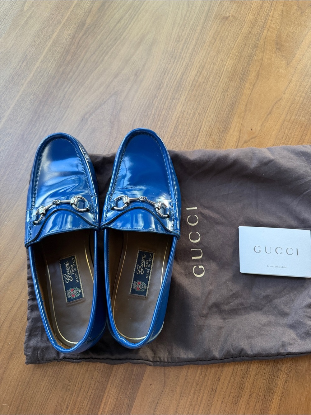 Gucci Men’s Blue Patent Leather Horsebit Slip-On Loafers